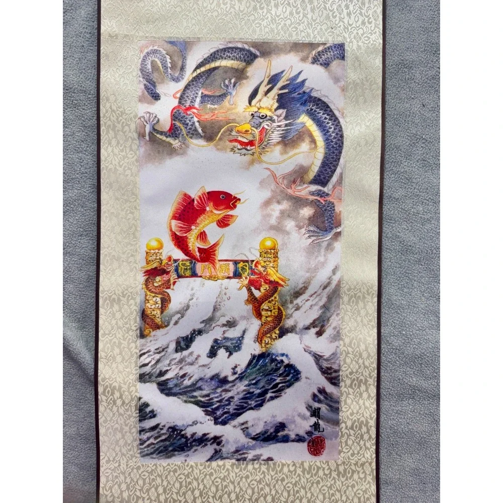 Chinese Wall Scroll Red Koi Fish Leaping Dragon Gate Silk Brocade Hanging Art